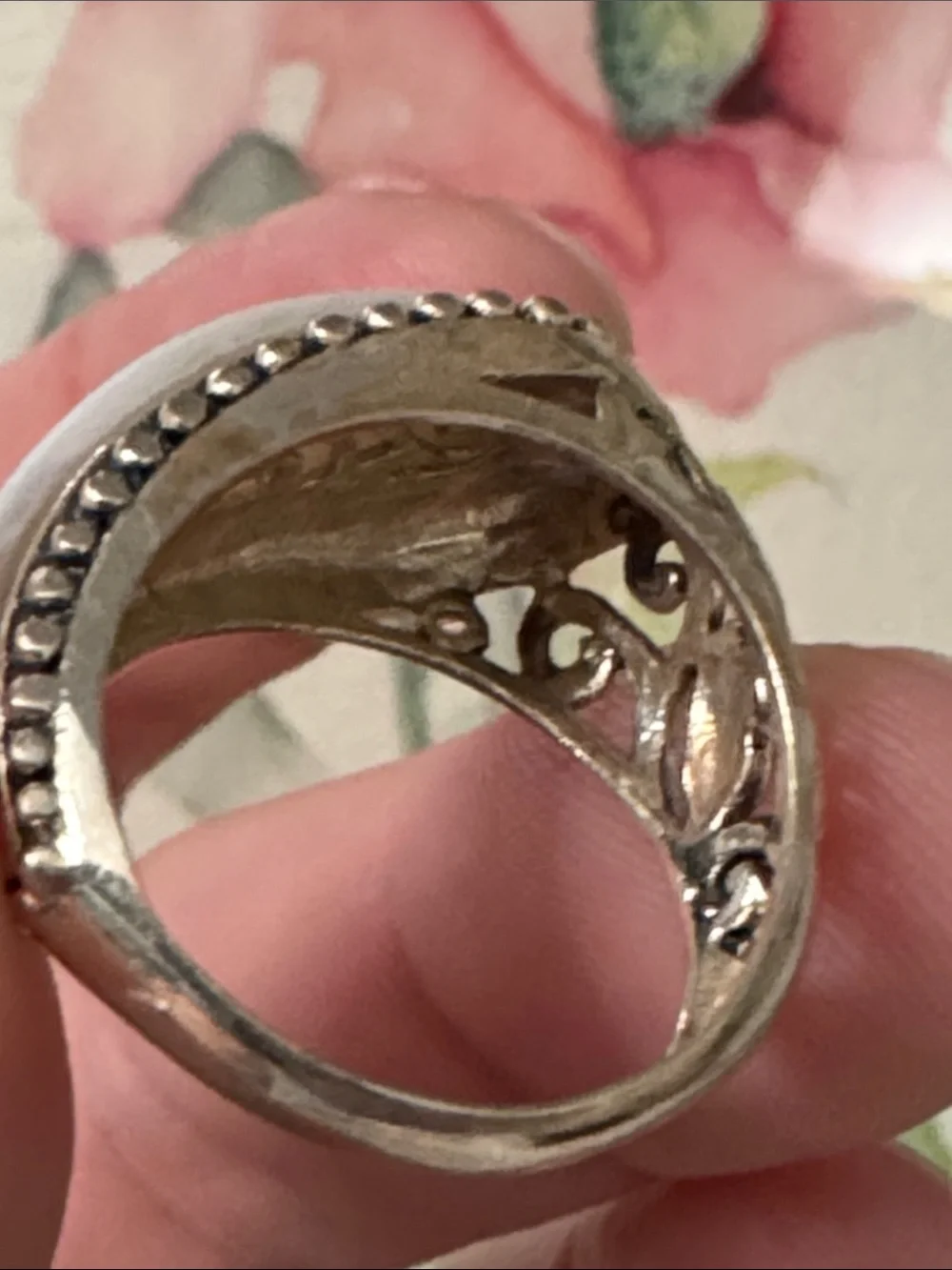 Sterling Silver Ring with White Center Stone and Beaded Edge
